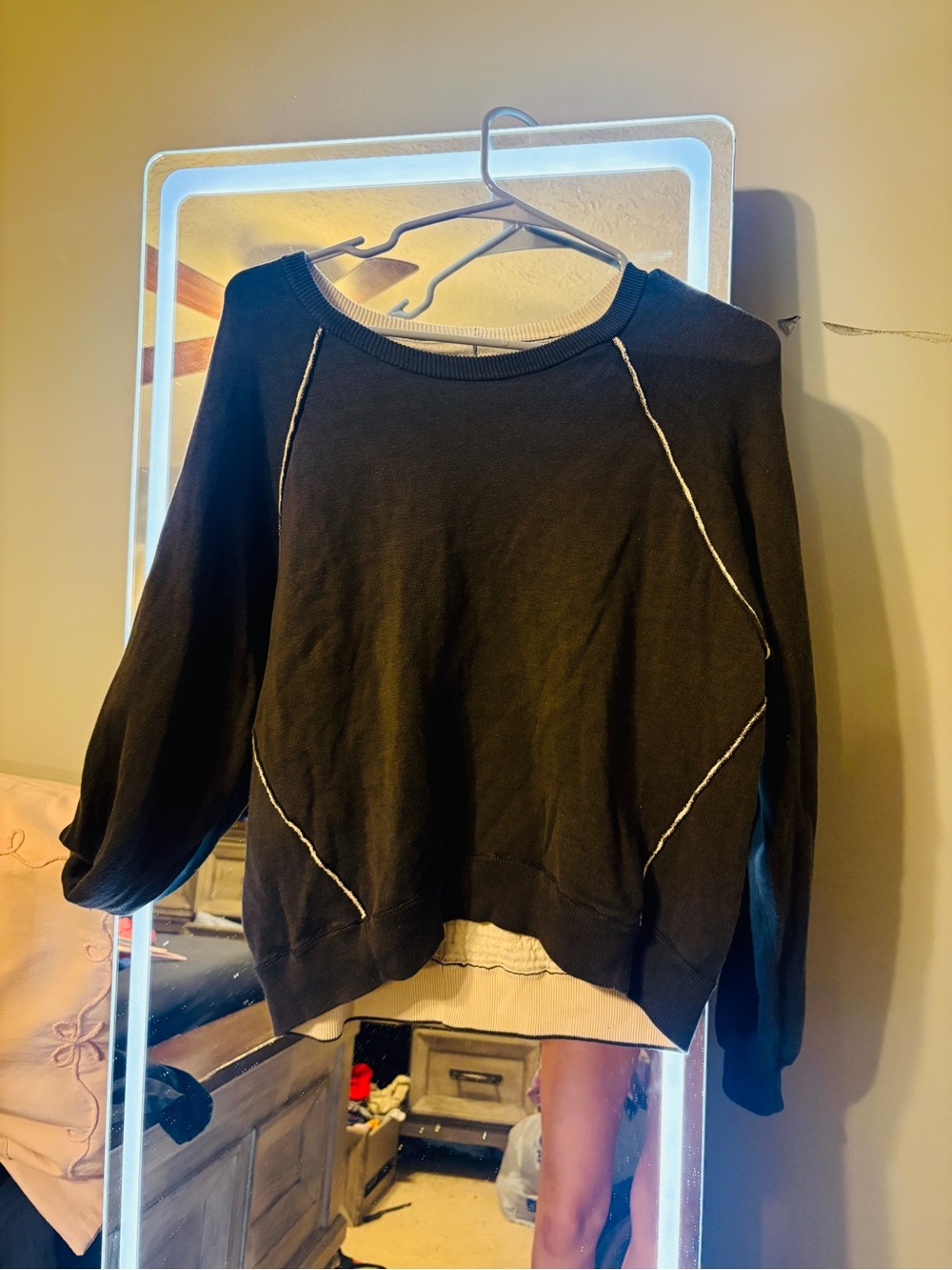 aerie Black Off-the-Shoulder Sweater with Contrast Stitching